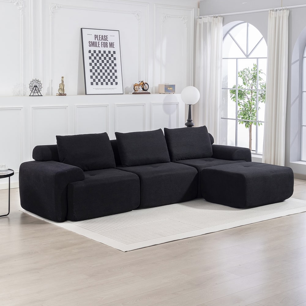 L-Shaped Convertible Sectional Sofa Bed - Memory Foam Cushions & Steel Frame, No Assembly Corduroy Sofa for Apartments