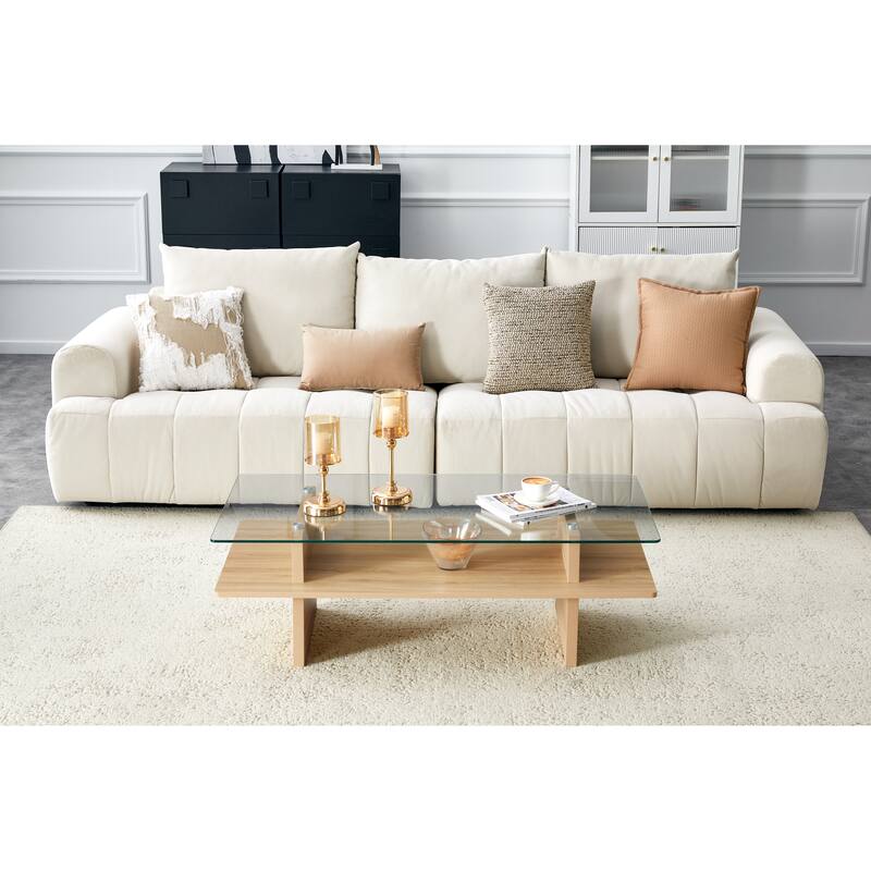 Two-Tier Tempered Glass & MDF Coffee Table, Natural Wood Finish Modern Double-Layer Coffee Table with Sturdy Frame