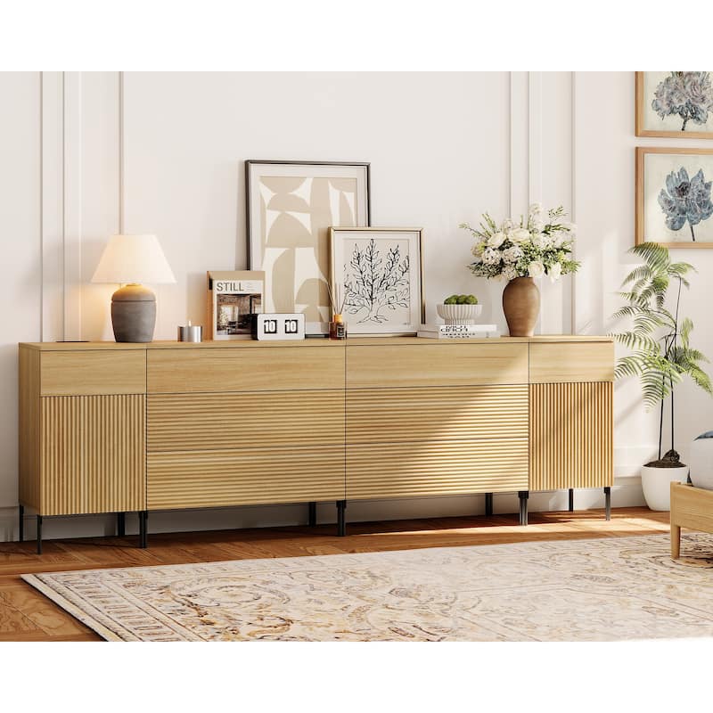 94.5" Wooden Reeded Sideboard With Built-In Charging Station, 4-In-1 Modern Credenza