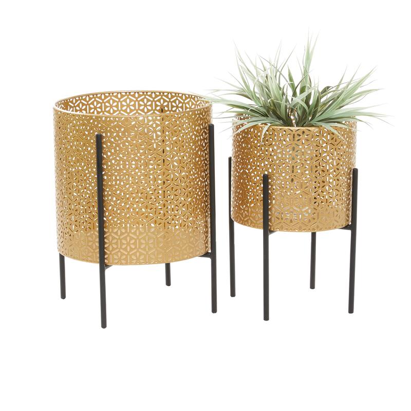 Gold or Black Iron Metal Contemporary Floral Pattern Planter (Set 2)