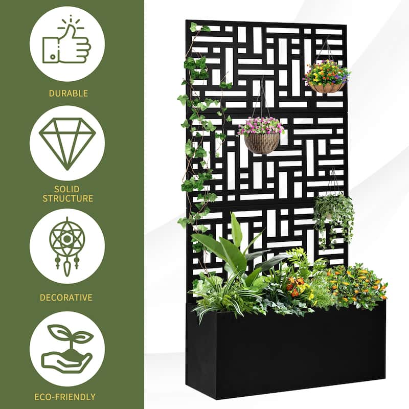 2-in-1 Black Metal Garden Planter Box with Trellis for Climbing Plants Flowers Vegetables or Patio - (35.8 x 16.1 x 70.5) in