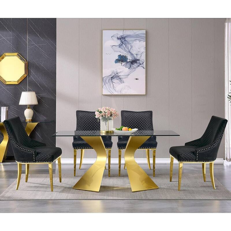 63 inch Glass Dining Table Modern Dining Room Table for 4-6 with Rectangle Tempered Glass Top and Metal Legs