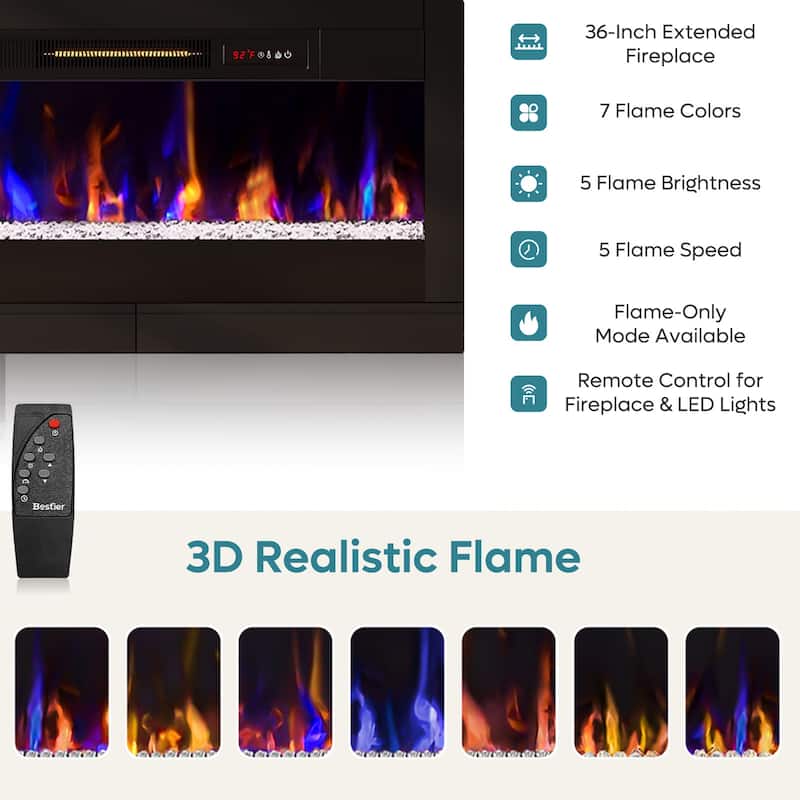 Bestier 70" TV Stand with 36" Electric Fireplace, Modern Led Electirc Fireplace TV Stand fits TV up to 80" with Storage Cabinet