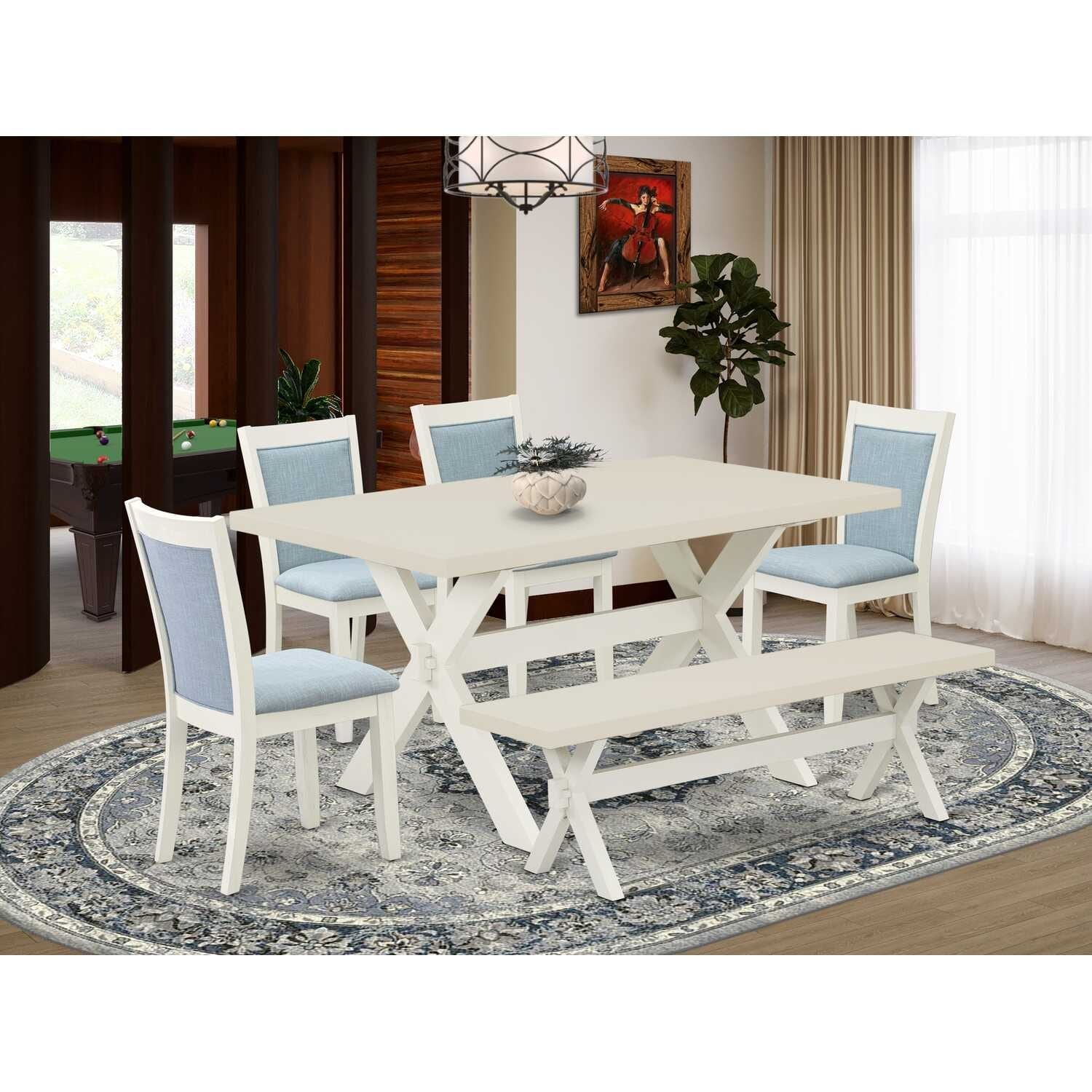 HomeStock 6-Piece Rectangle Wire Brushed Linen White Finish Solid Wood Top Dining Table with 1-Bench, 4-Chairs