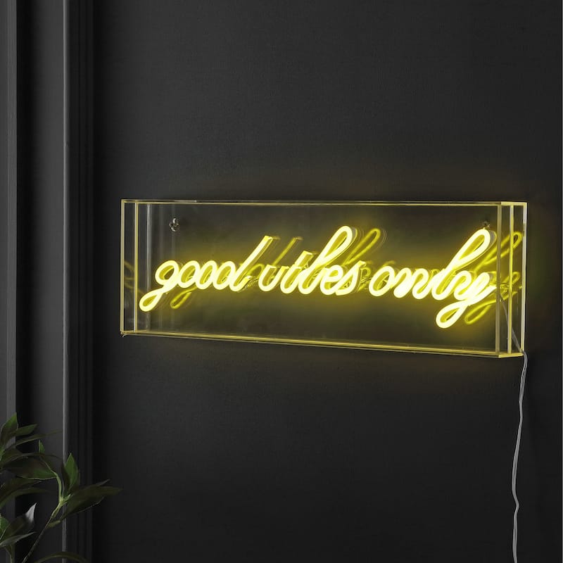 Good Vibes Only 20" X 6" Contemporary Glam Acrylic Box USB Operated LED Neon Light, Yellow by JONATHAN Y - 20" X 6"