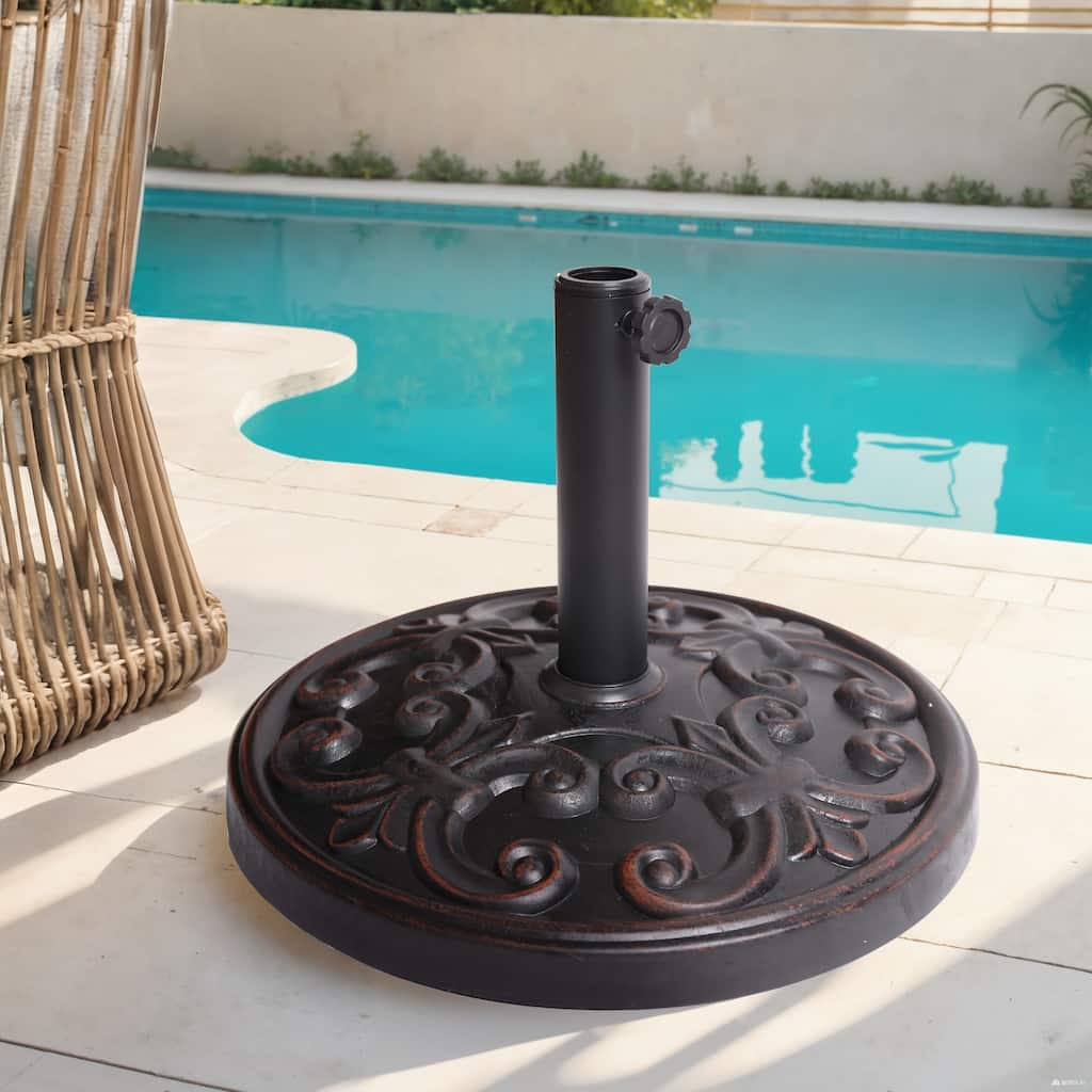 Roomfitters Gobi Resin Outdoor Umbrella Base with Scroll Pattern, Weather Resistant Bronze Finish