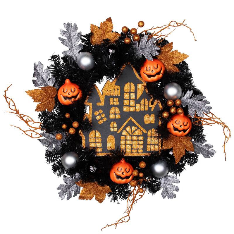 Glittered Haunted House Artificial Halloween Wreath - 24" - Unlit