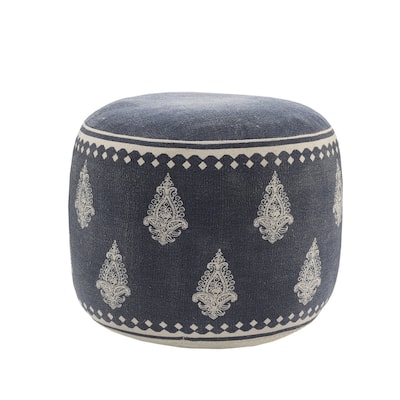 18" Blue Cotton Cylinder Paisley Pouf Ottoman for Footrest and Seating