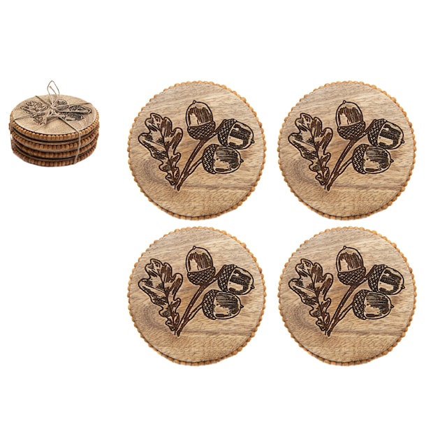 Set Of 4 Beaded Round Acorn Etched Coasters - Overstock - 44038934