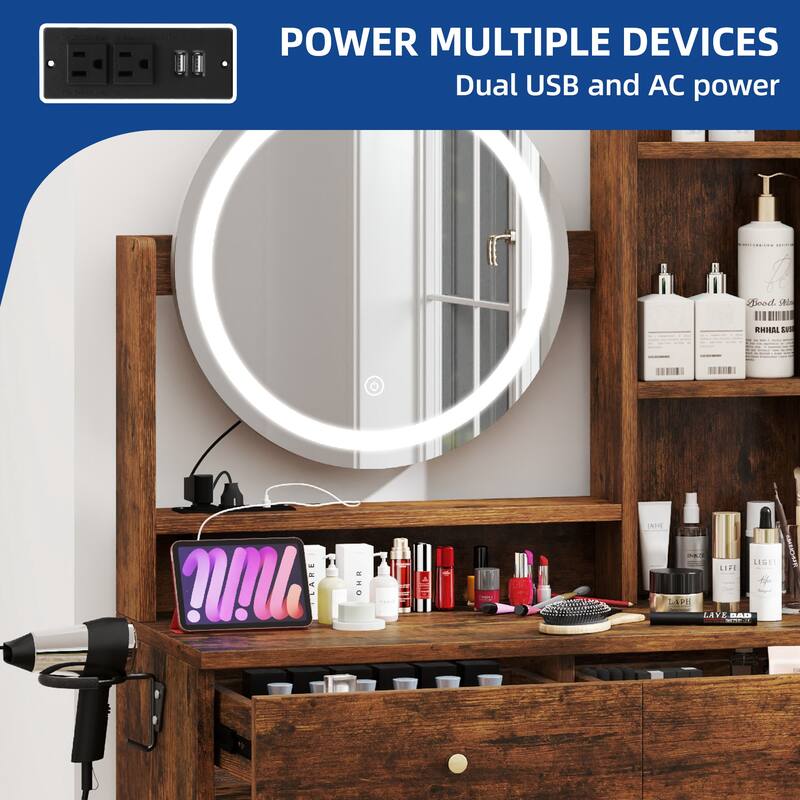 Moasis Makeup Vanity Set with Storage Stool and Round LED Touch Screen Mirror & Charger Station