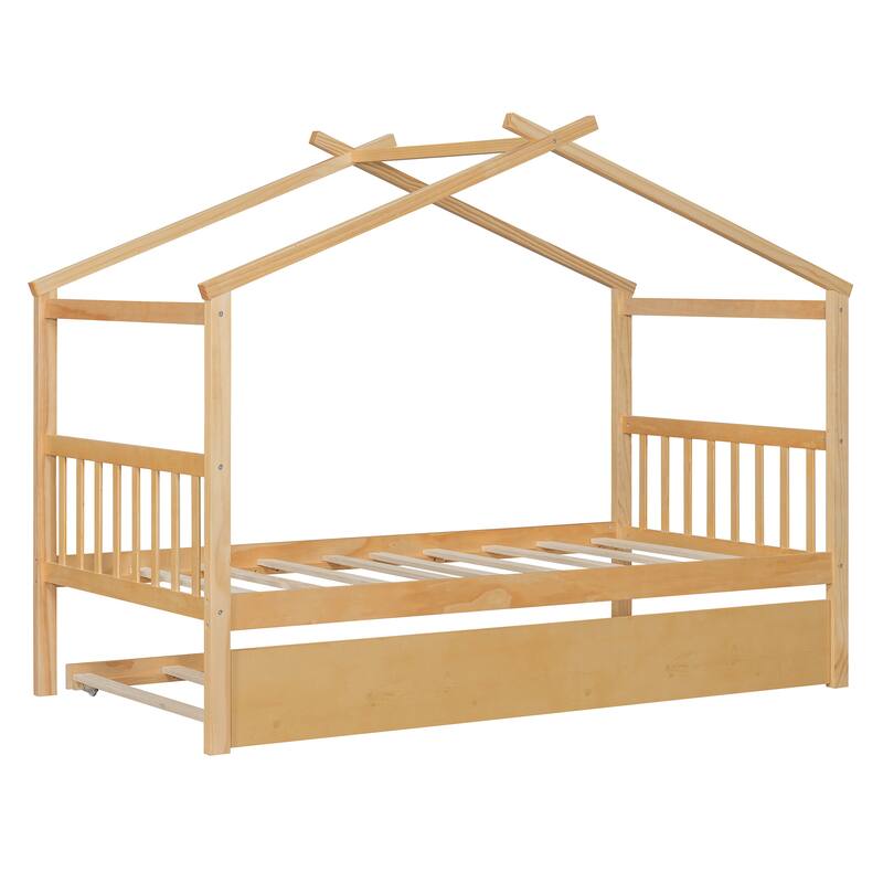 Twin Size Wooden House Bed with Pull-Out Trundle, Natural Finish