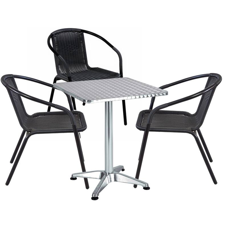 BTEXPERT Indoor Outdoor 23.75" Square Restaurant Table Stainless Steel Silver Aluminum + 3 Black Rattan Stack Chairs - Black