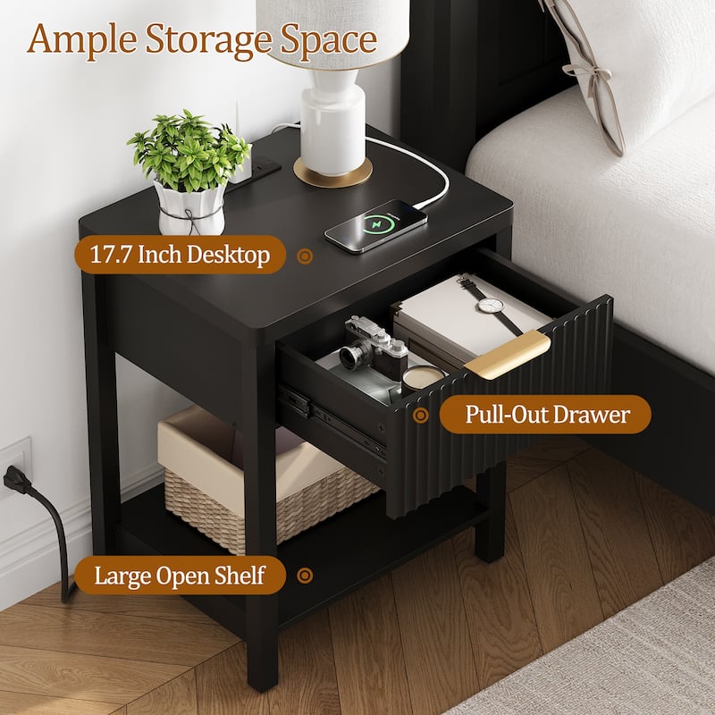 Nightstand with Drawers Fluted Bedside Table with Charging Station