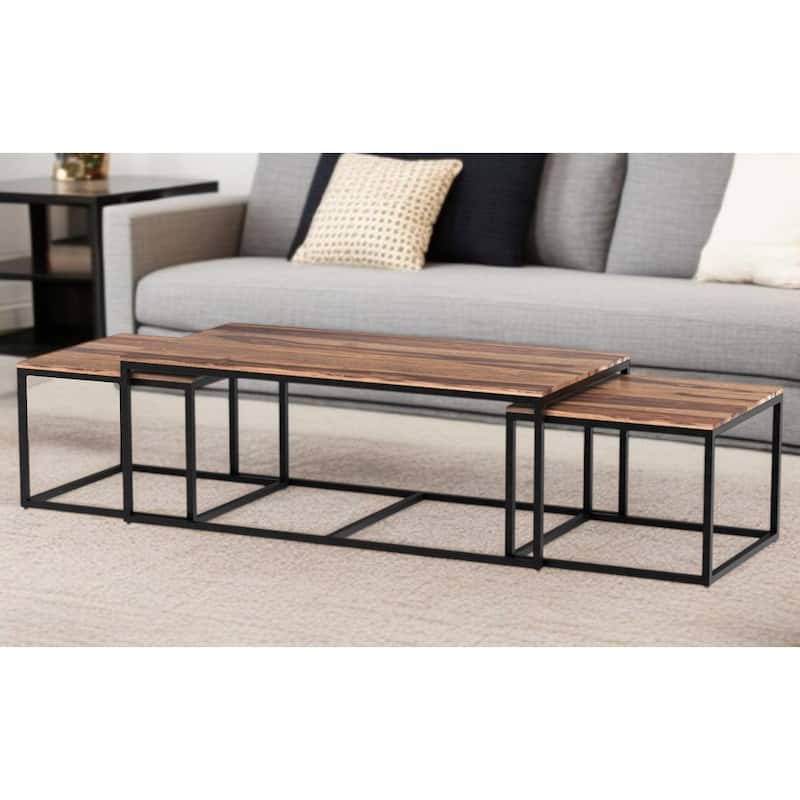 HomeRoots Set of Three 47" Natural And Black Solid Wood And Iron Coffee Table - Natural - Wood