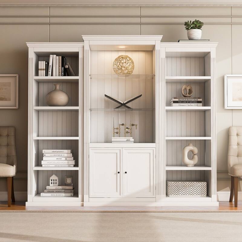 Farmhouse 3-Piece 78.75"Tall Bookcase Cabinet with and 4-Tier Display Shelf Adjustable LED Lighting - White