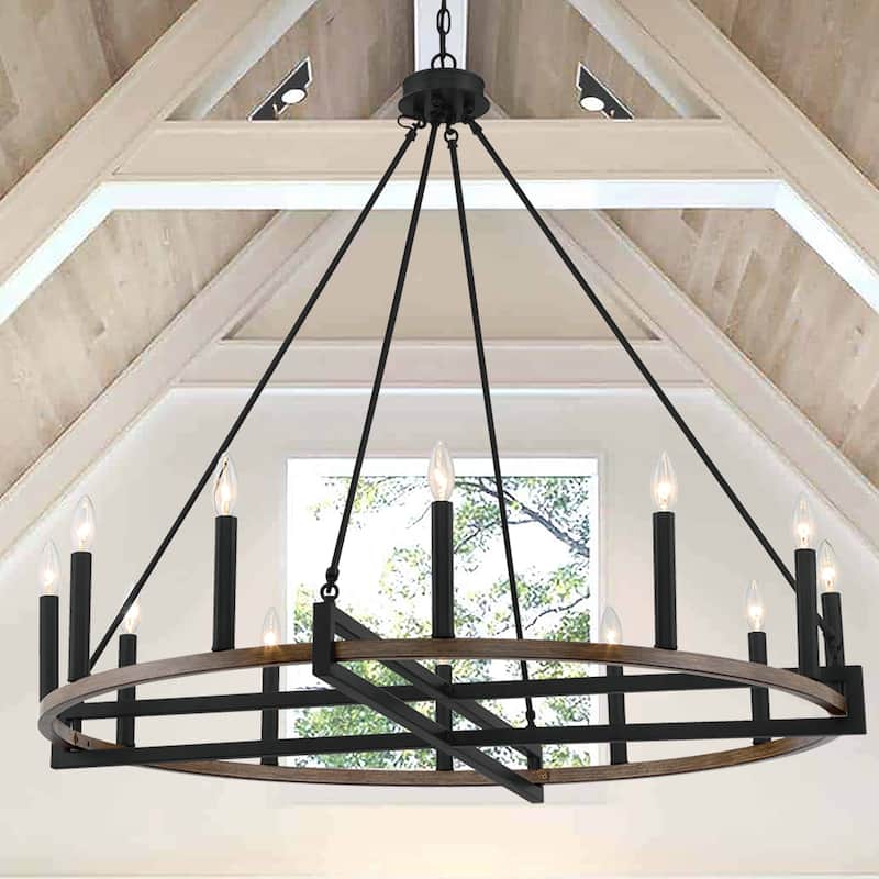 Acroma 12-light 41In Farmhouse Black Geometric Wheel Chandelier - Weathered Walnut