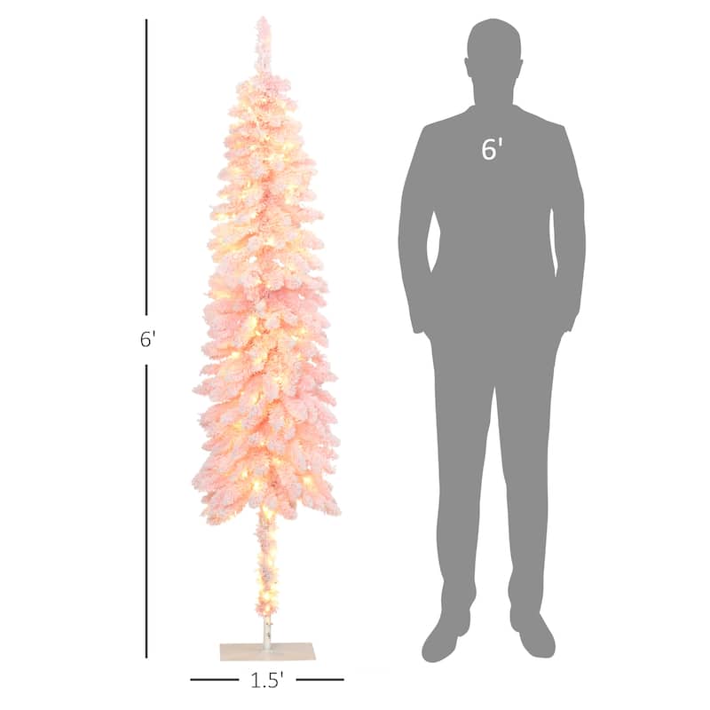 HOMCOM 6ft Tall Pencil Prelit Artificial Christmas Tree Holiday Décor with 703 Snow Flocked Branches, Pink