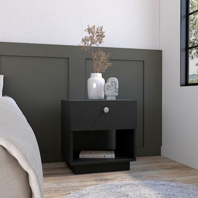 Black Nightstand with Drawer and Large Open Shelf, 19"H, Ideal for Bedroom or Living Room