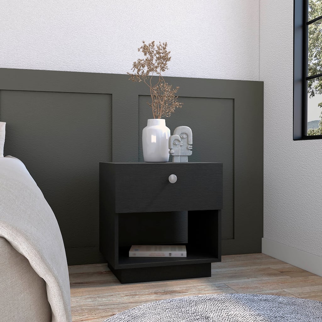 Black Nightstand with Drawer and Large Open Shelf, 19"H, Ideal for Bedroom or Living Room