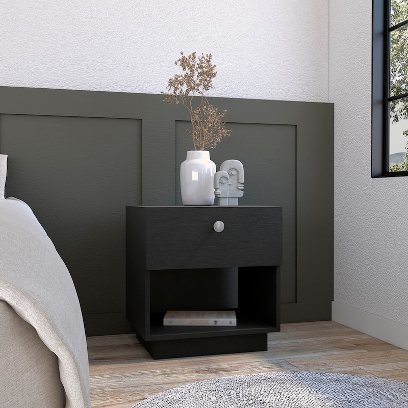 Single Drawer Nightstand 19"H with Open Storage Shelf, White - Black