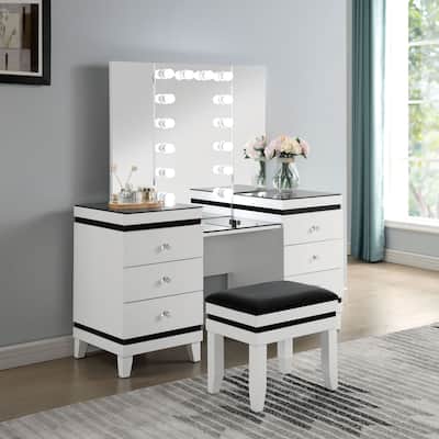 Furniture of America Janellen Modern White Wood 6-Drawer 3-Piece Makeup Vanity Set