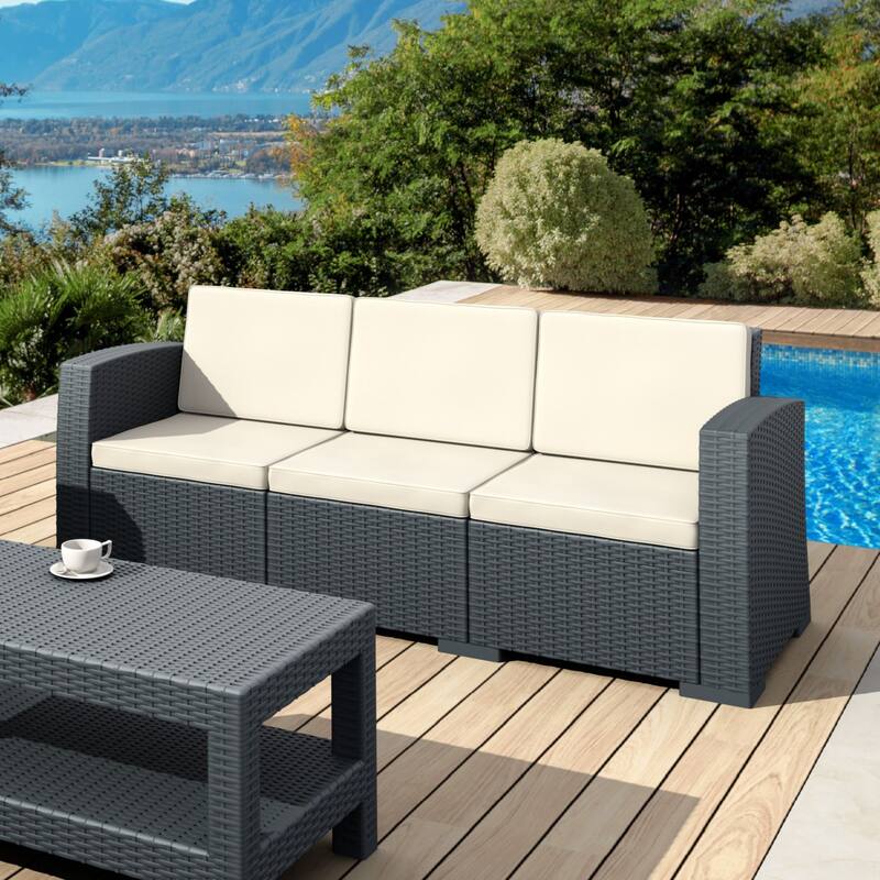 55" Gray Outdoor Patio Sofa with Natural Beige Sunbrella Cushion