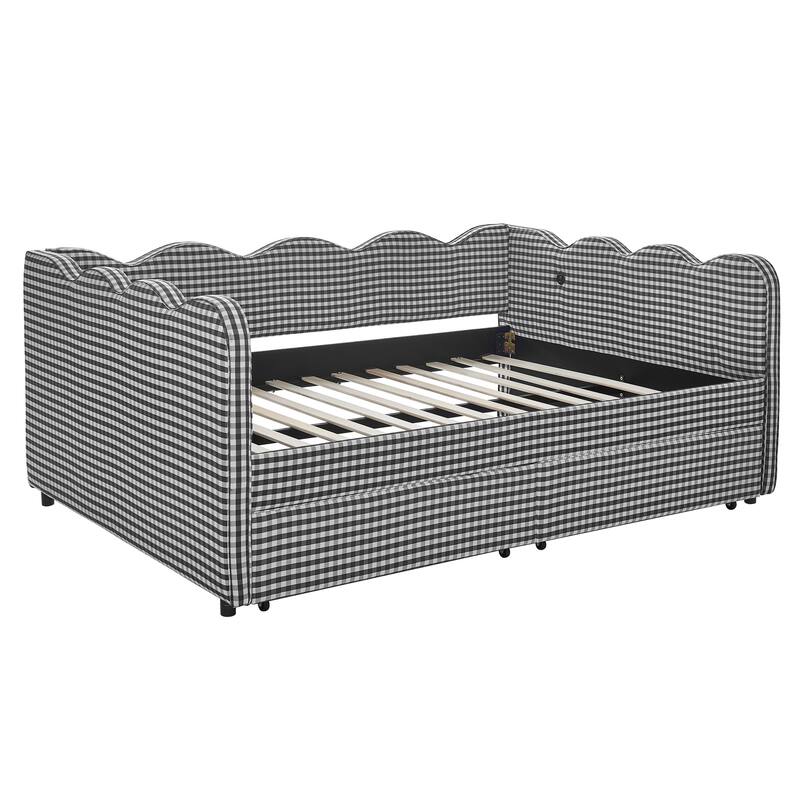Full/Queen Gingham Daybed with 2 Storage Drawers, USB Port & Wave Shaped Linen Fabric