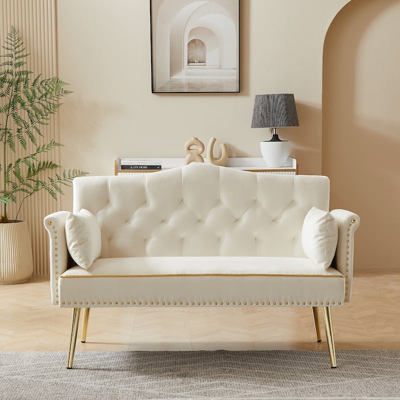 Velvet Loveseat Tufted Couch with 2 Pillow Upholstered Deep Seat Sofa Rivet Arm Lounge Couch Living Room 2 Seater Couch