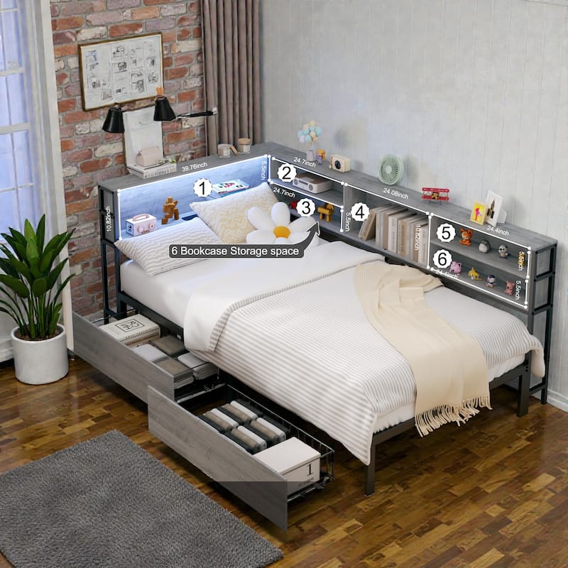 Corner Daybed with Storage Drawers and Bookcase Headboard, LED Light, USB Charging Station, No Box Spring Needed