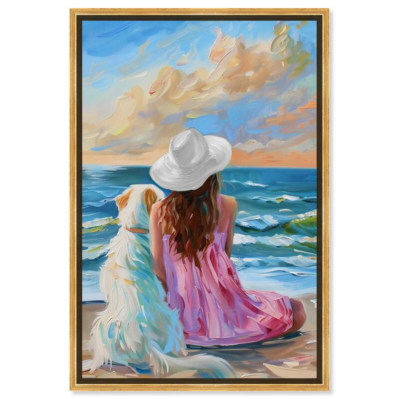 Art Remedy Girl And Her Best Friend Framed Colorful Coastal 1 Piece Canvas Wall Art - 37 x 55 - Gold