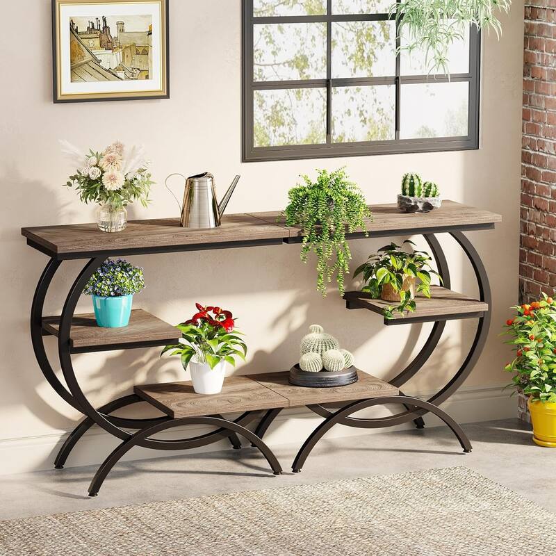 C-Shaped Side Table, 3-Tier Wood End Table with Storage Shelves, Brown - 2 Pcs