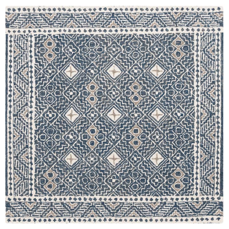 SAFAVIEH Handmade Micro-Loop Lutetia Wool Rug - 5' Square - Navy/Ivory