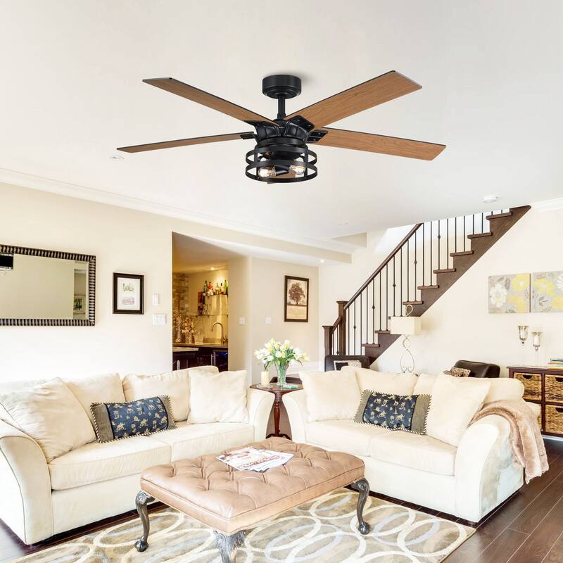 52" Industrial Wood 5-Blade Black Ceiling Fan with Remote and Light Kit