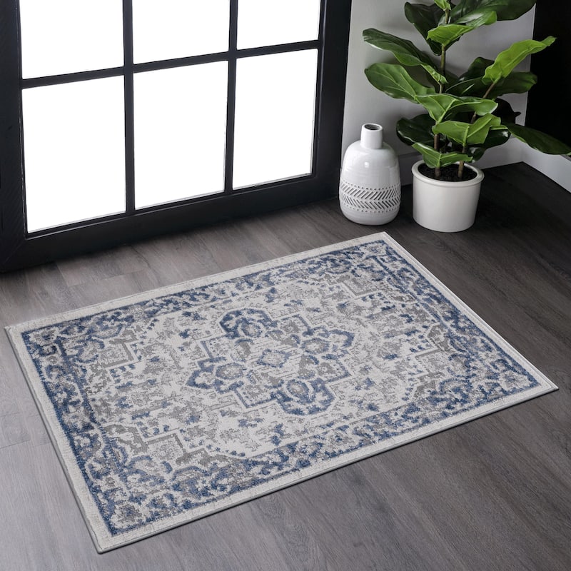 MARFI Collection 2X3 Blue / Grey / Oriental Non-Shedding Doormat Rug - 36" D x 24" W x 0.35" H
