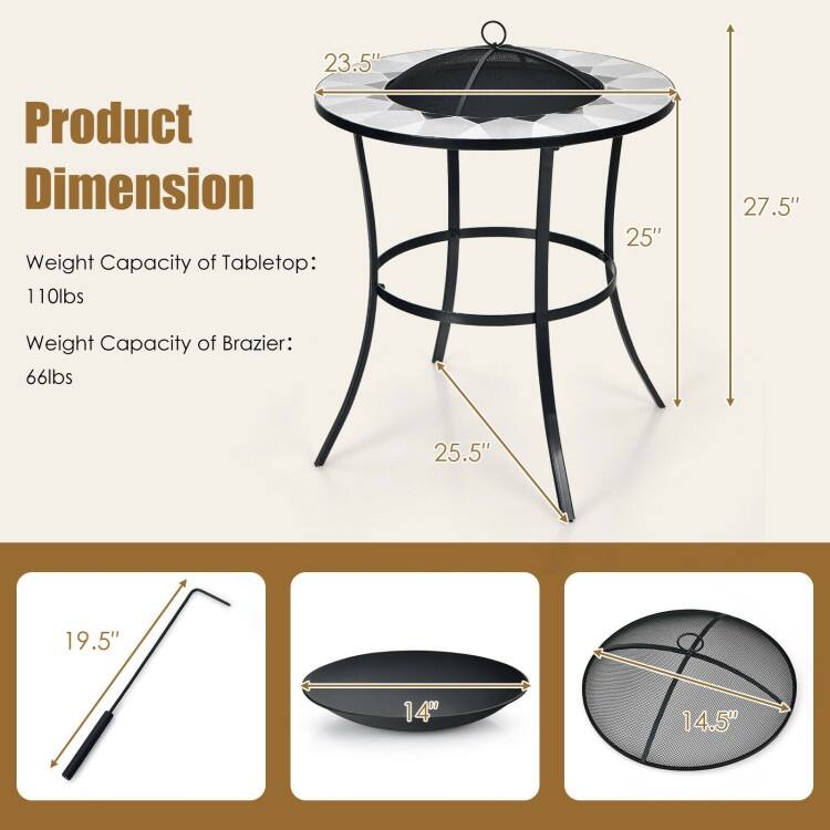 25.5 Inches Round Fire Pit Table with Mesh Cover and Fire Poker - 25.5" x 25.5" x 27.5" (L x W x H)