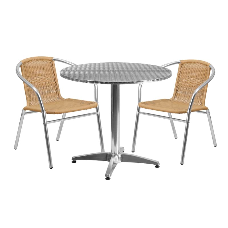 31.5'' Round Aluminum Indoor-Outdoor Table Set with 2 Rattan Chairs - 31.5"