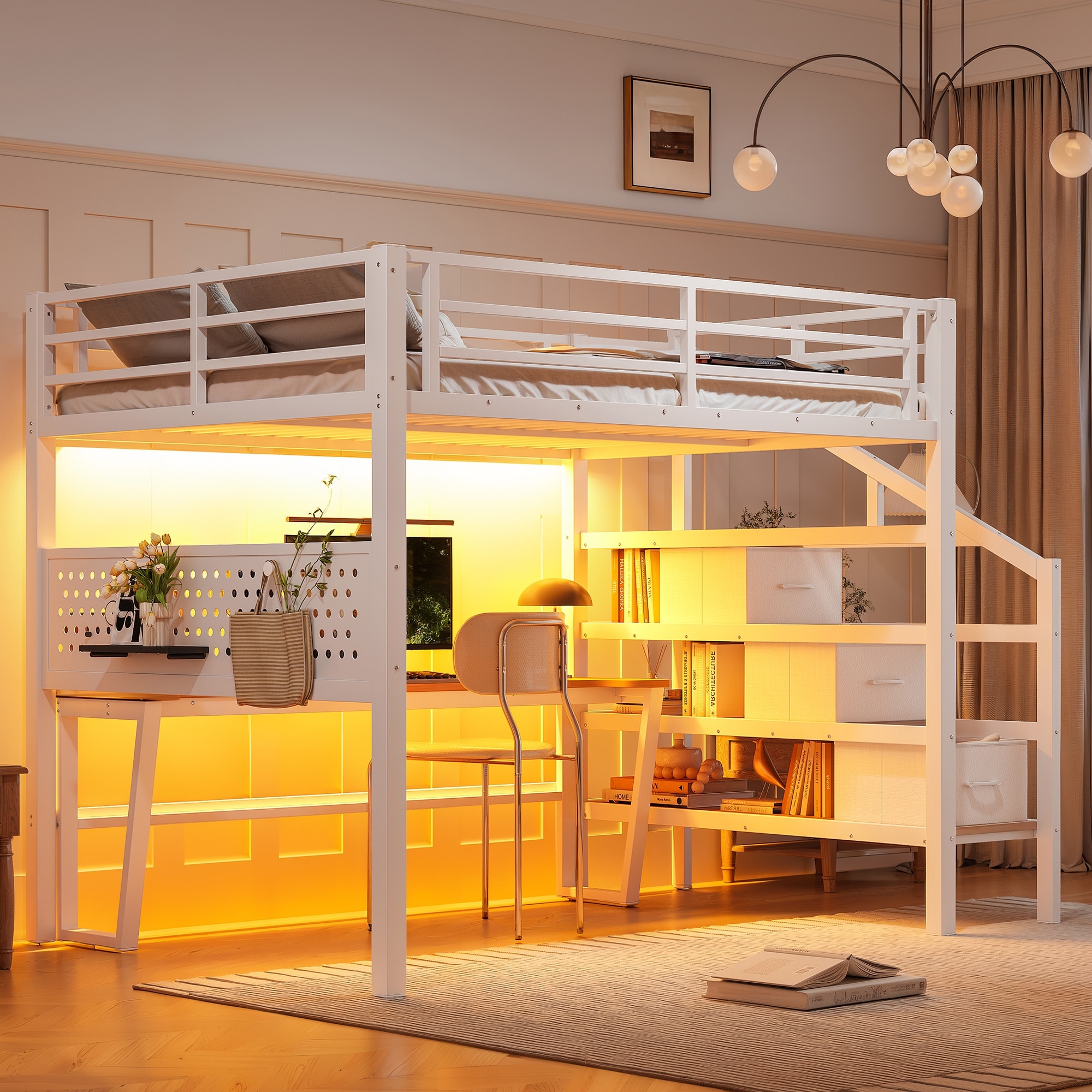 Full Size Metal Loft Bed With Storage Stairs And Movable Desk With Usb