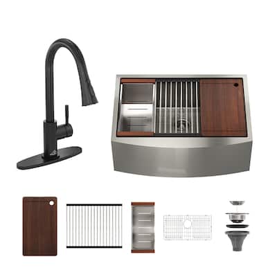 Farmhouse/Apron-Front Brushed Stainless Steel Workstation Kitchen Sink with Two-Function Pull-Down Faucet and Accessories