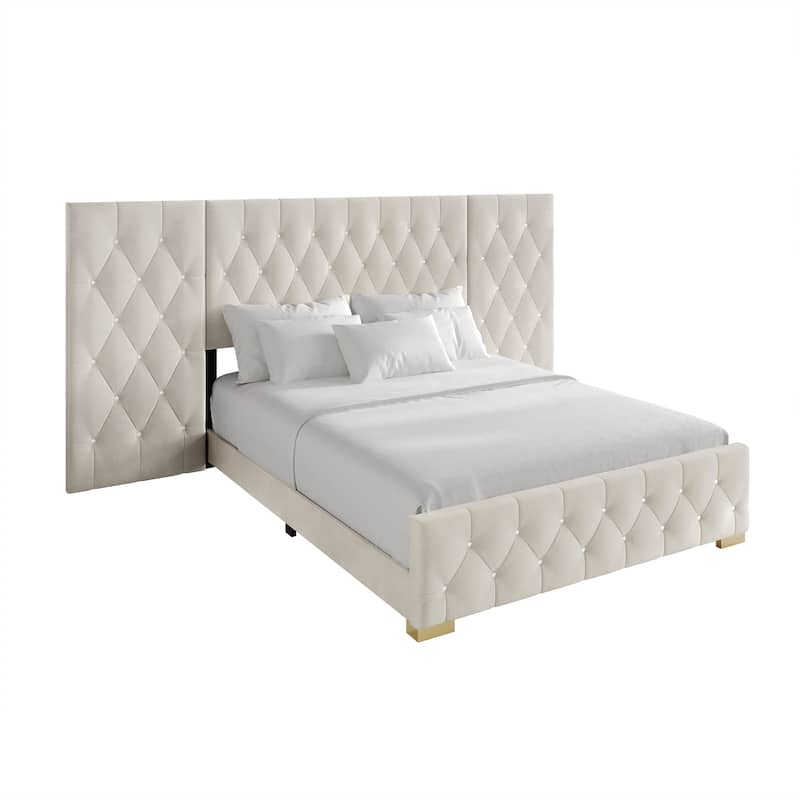CraftPorch Luxurious Velvet Tufted Platform Bed with Wall Panels