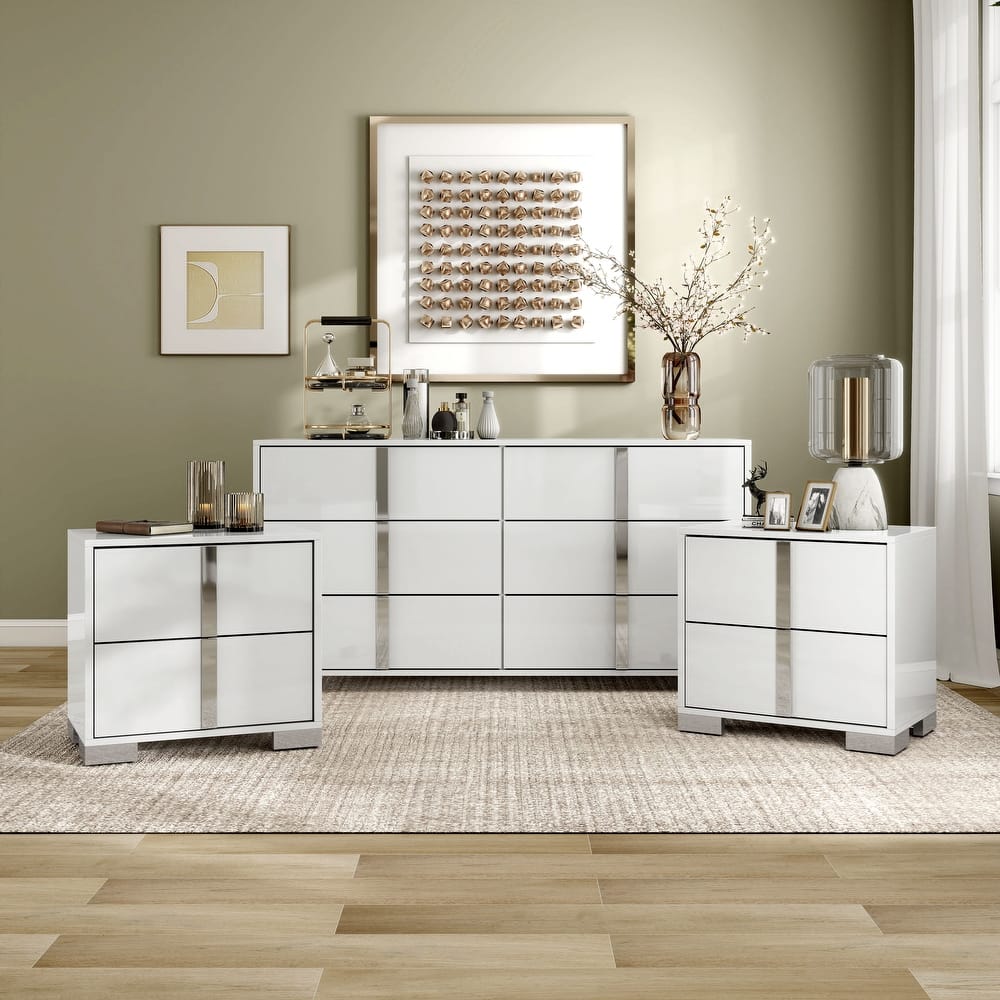 Furniture of America Erina Modern 3-Piece Glossy Dresser and 2 Nightstand Bedroom Set