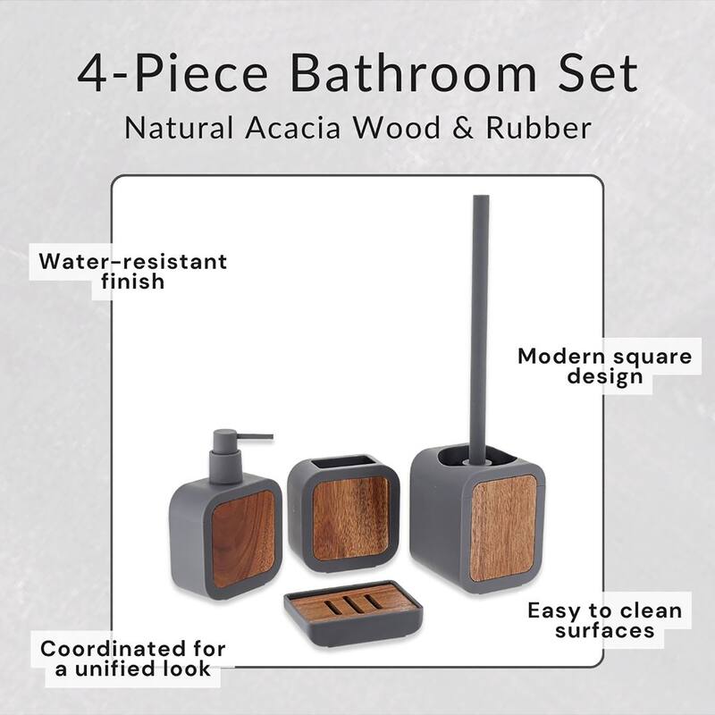 4-Piece Bathroom Accessory Set Rubber and Wood - 4 L x 3.9 W x 15.2 H