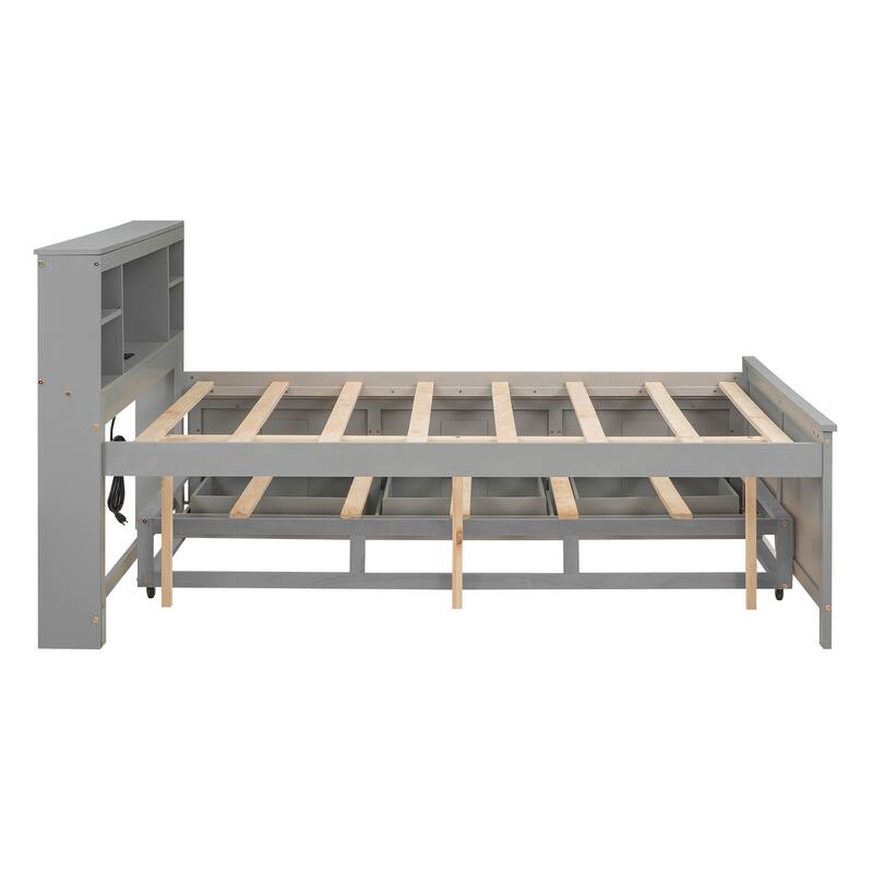 Full Size Platform Bed with Storage Headboard, USB, Twin Trundle, and 3 Drawers in Gray