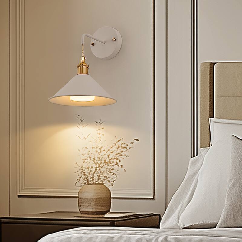 White Wall Sconces Set of 2 with Cone Shade, E26 Rechargeable Light, Battery Operated, Remote Control - 8.85*8.85*11.4