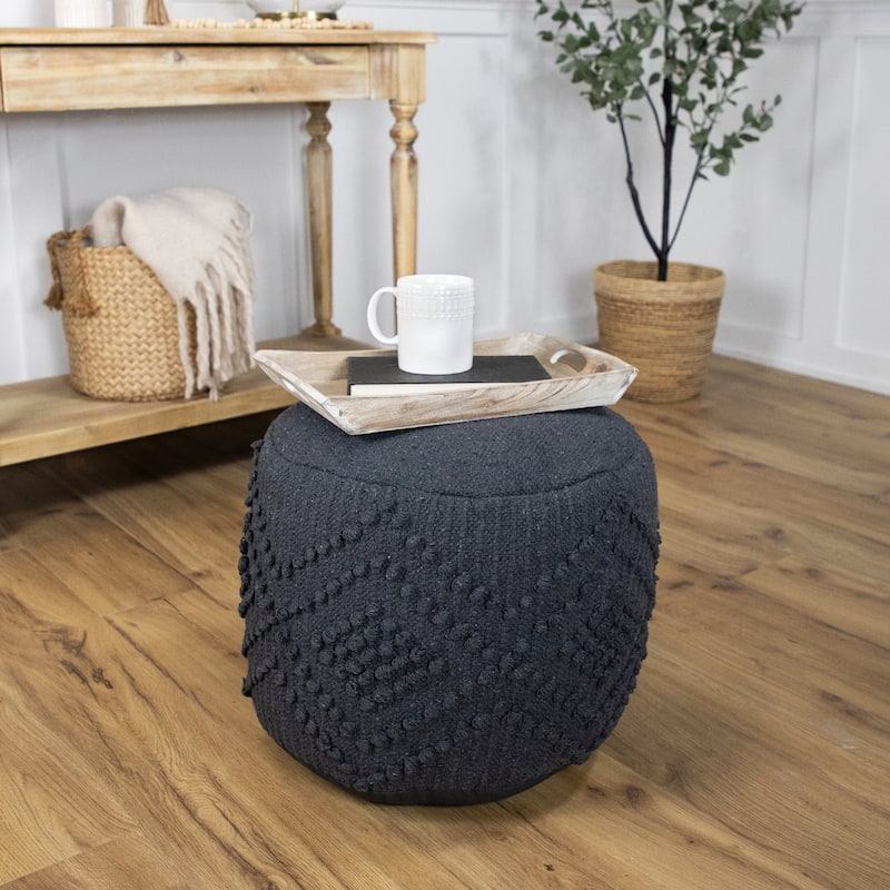 Woven Cotton Textured Round Pouf - 14" - Gray