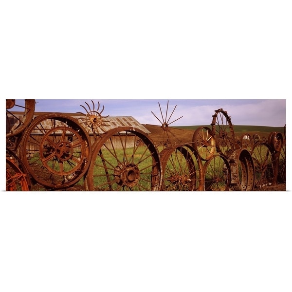 "Old barn with a fence made of wheels, Palouse, Whitman County, Washington State," Poster Print