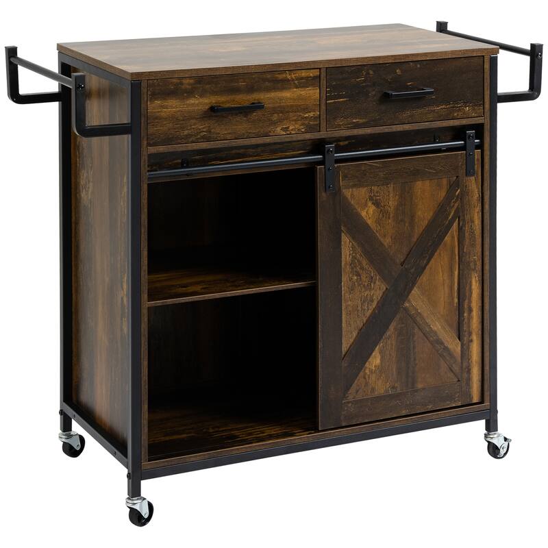 HOMCOM Rustic Farmhouse Kitchen Cart, Rolling Storage Island with Adjustable Shelf, Two Drawers, Sliding Barn Door Cabinet