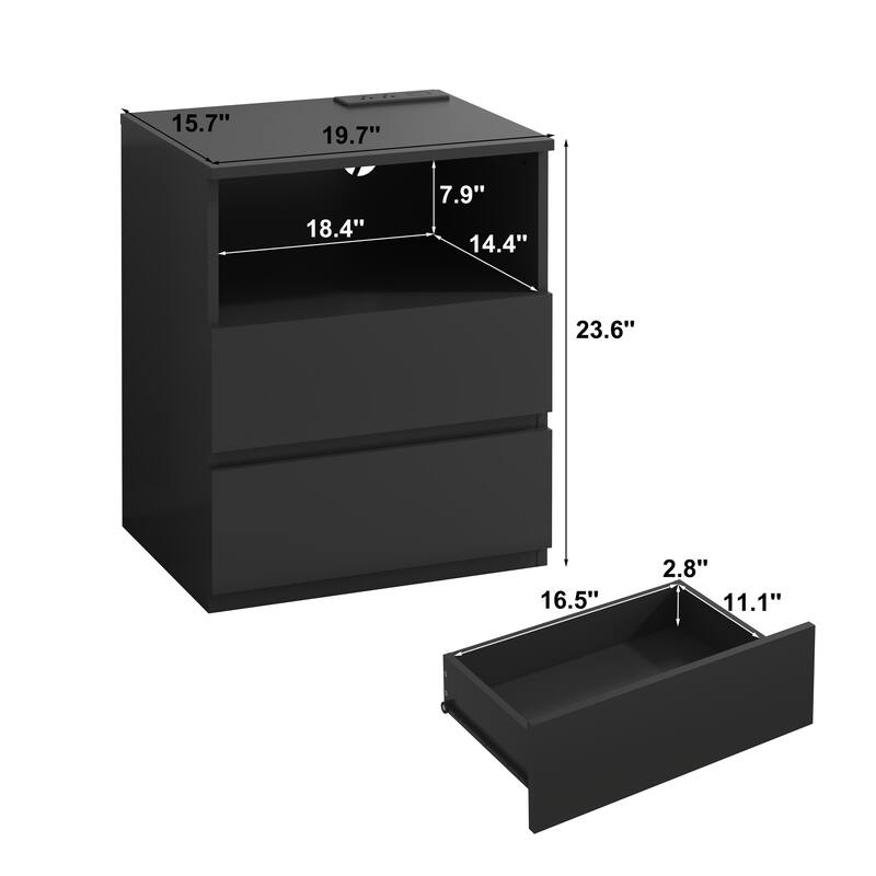 Nightstand with Charging Station, Sofa Side Table with Open Shelves & 2 Drawers, Large Capacity Wood Storage Cabinet