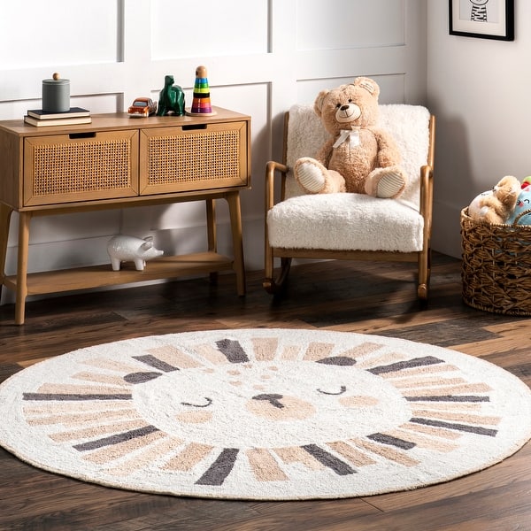 slide 2 of 13, Nuloom Tisha SpinClean Lion Machine Washable Kids Area Rug 4' Round - Ivory - Round