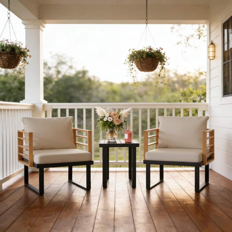 GDFStudio Outdoor Metal Bistro Set with 2 Chairs & Table - Beige+Black+Natural Wood