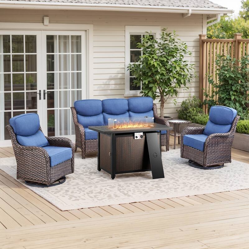 Pocassy Patio Sofa Swivel Chairs w/ 43in Fire Pit Table Set - Blue Cushion Brown Wicker - 5-Piece Sofa Siwvel Chair Table w/ Fire Pit Table